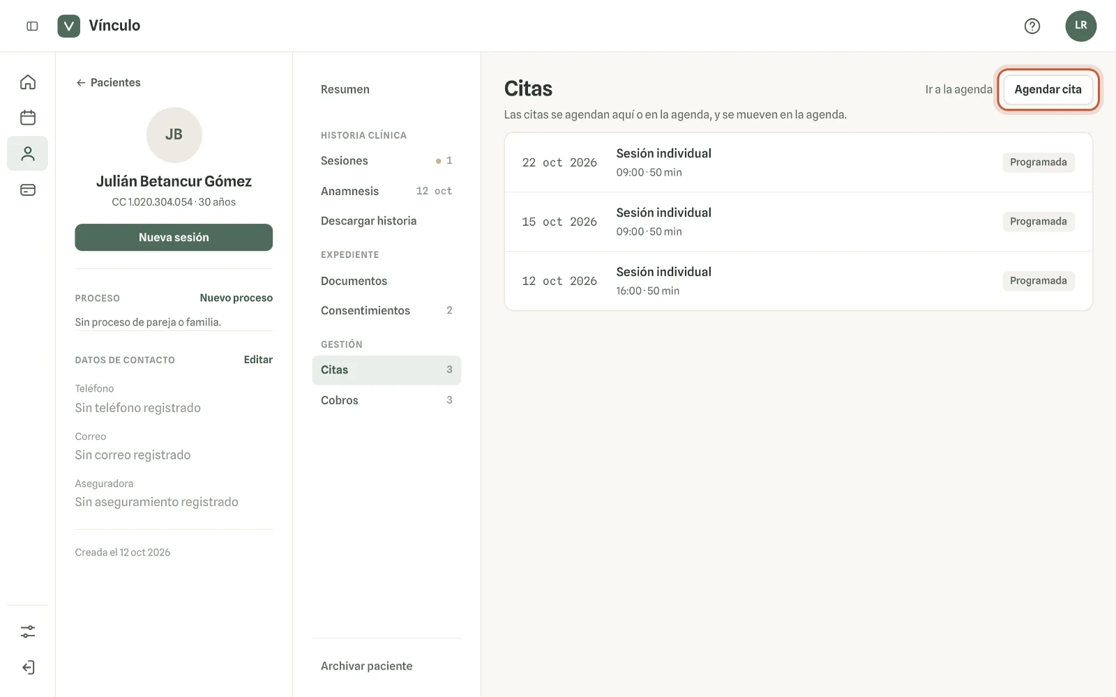 Captura en computador del paso 2: En la sección Citas de la ficha, haz clic en «Agendar cita».