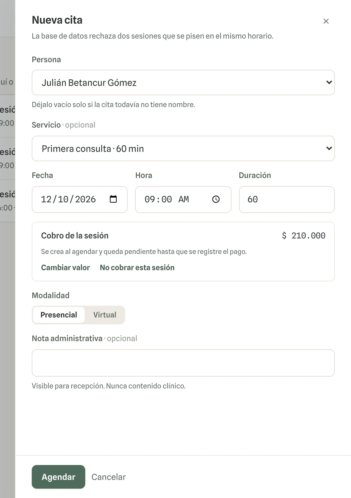 Captura en computador del paso 3: «Nueva cita» se abre con la persona ya elegida. Completa el servicio, la fecha y la hora, y haz clic en «Agendar». Sigues en la ficha.