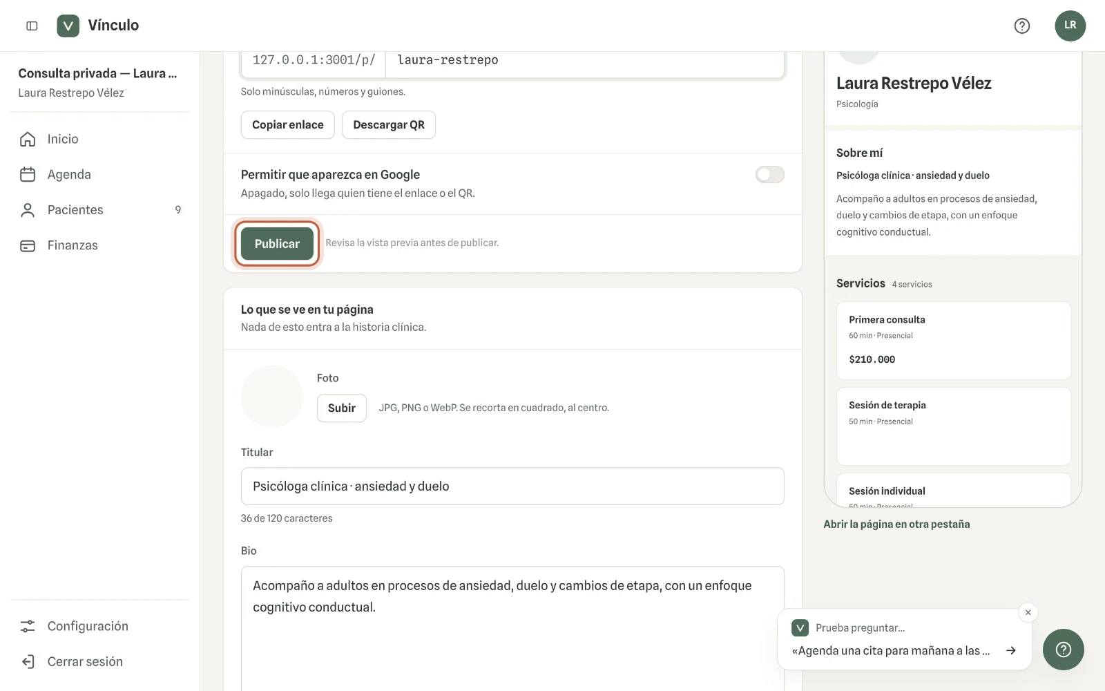Captura en computador del paso 3: Revisa la «Dirección de la página» y la vista previa de la derecha, que muestra cómo se ve en un celular. Haz clic en «Publicar».