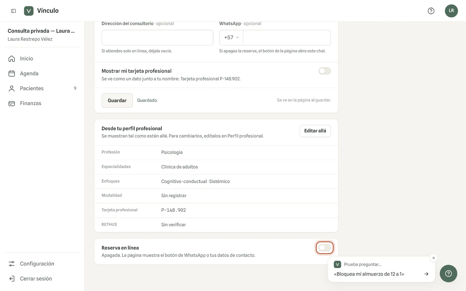 Captura en computador del paso 1: En «Reserva en línea», enciende el interruptor. La reserva se activa en ese momento.