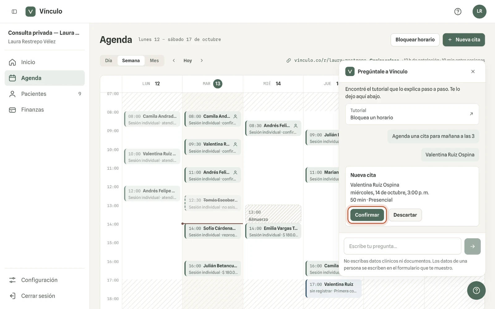 Captura en computador del paso 3: Revisa la tarjeta: para quién es, cuándo y qué cambia. Haz clic en «Confirmar» para guardarlo o en «Descartar» para dejar todo como estaba.