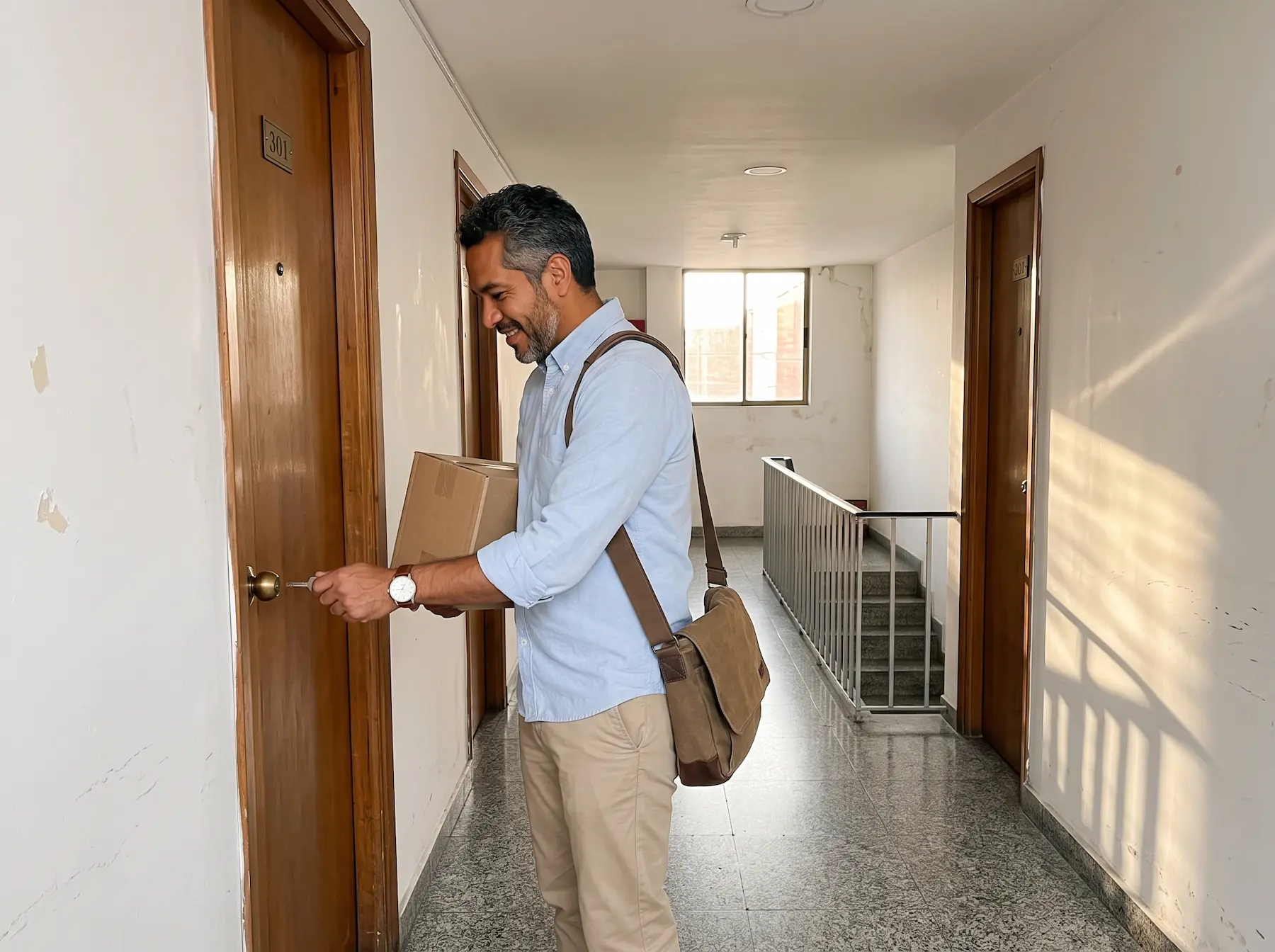 Psicólogo abriendo con llave la puerta de su consultorio