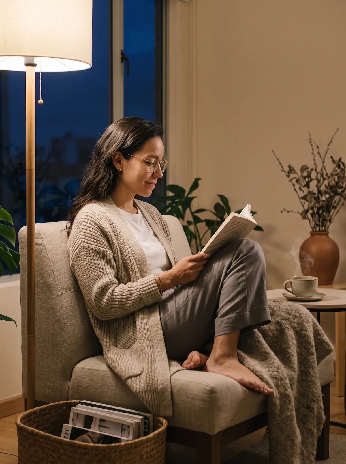 Psicóloga leyendo en casa por la noche, con la consulta ya cerrada