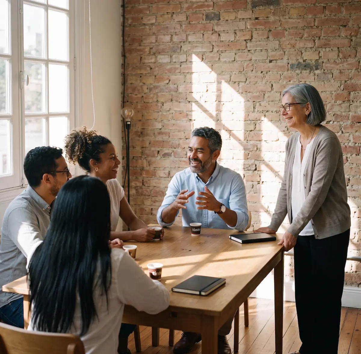 Equipo de psicólogos conversando alrededor de una mesa