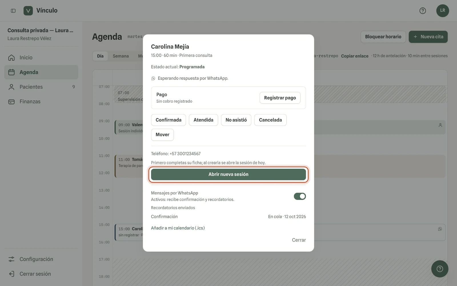 Captura en computador del paso 1: Haz clic en la cita y luego en «Abrir nueva sesión». Primero completas la ficha; al crearla se abre la sesión de hoy.