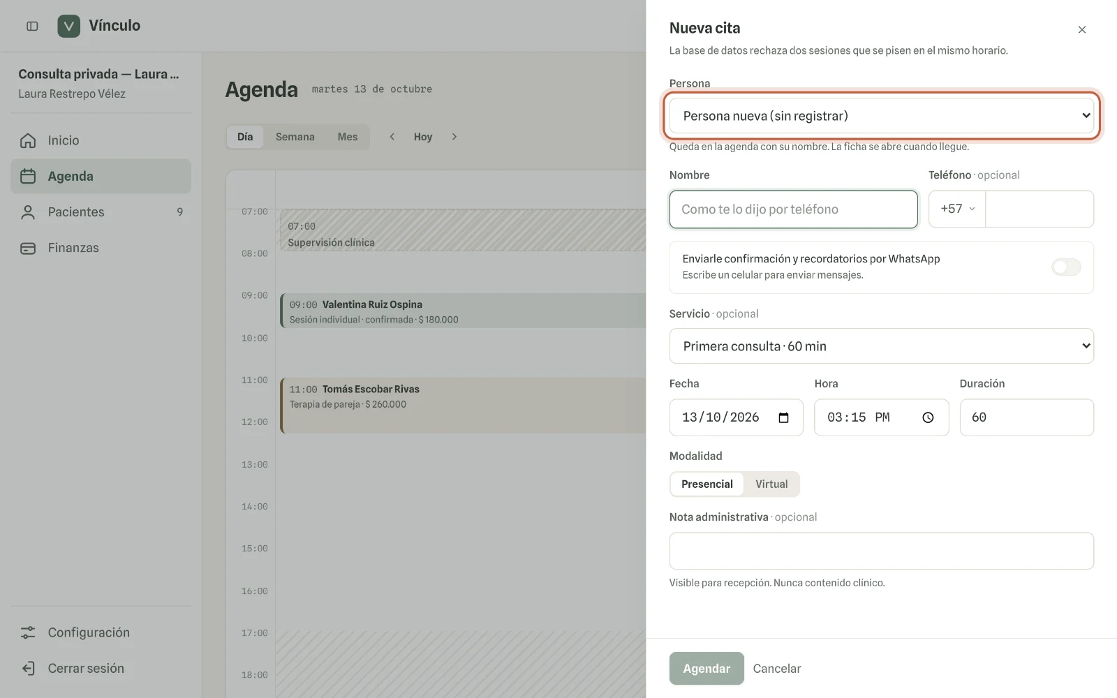 Captura en computador del paso 2: En «Persona», elige «Persona nueva (sin registrar)».