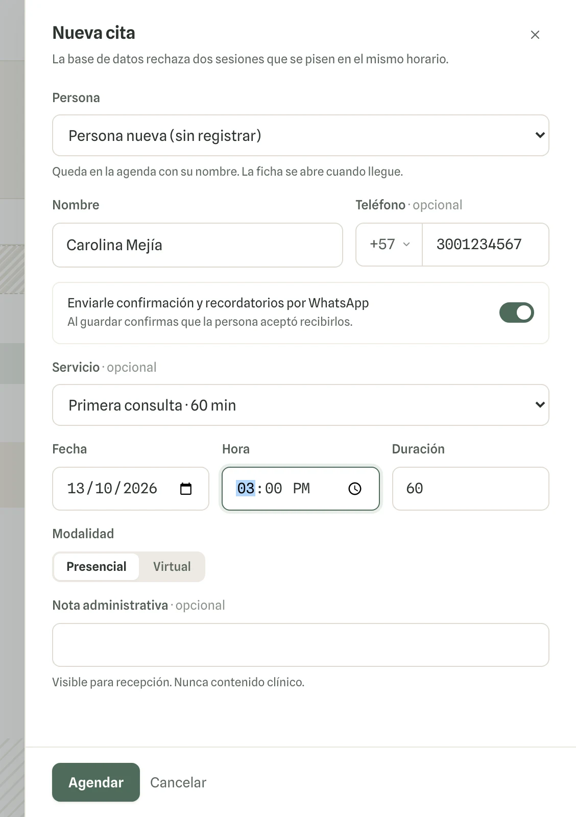 Captura en computador del paso 3: Escribe el nombre como te lo dijo y, si lo tienes, su teléfono. Completa el servicio, la fecha y la hora.