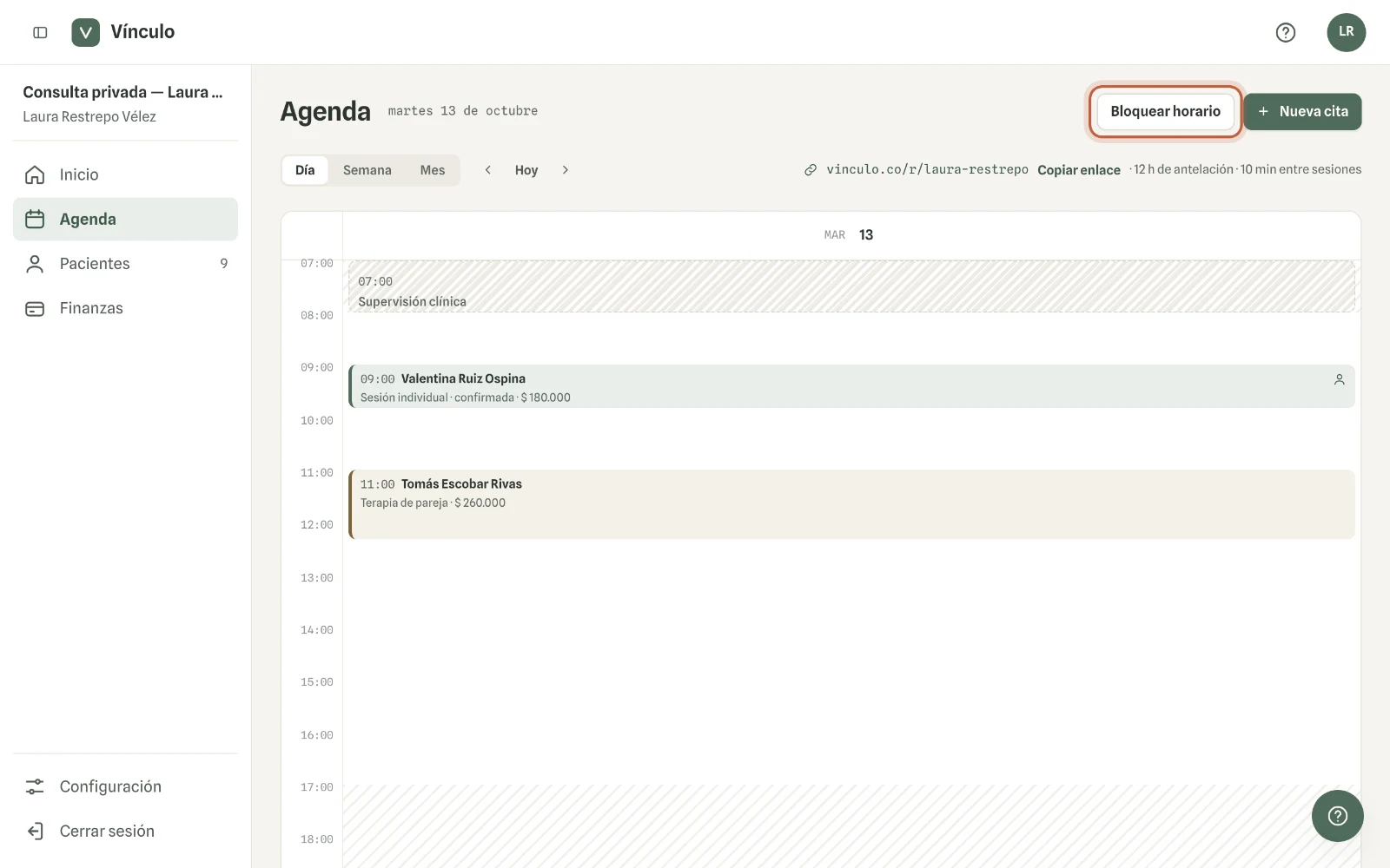 Captura en computador del paso 1: En Agenda, haz clic en «Bloquear horario».