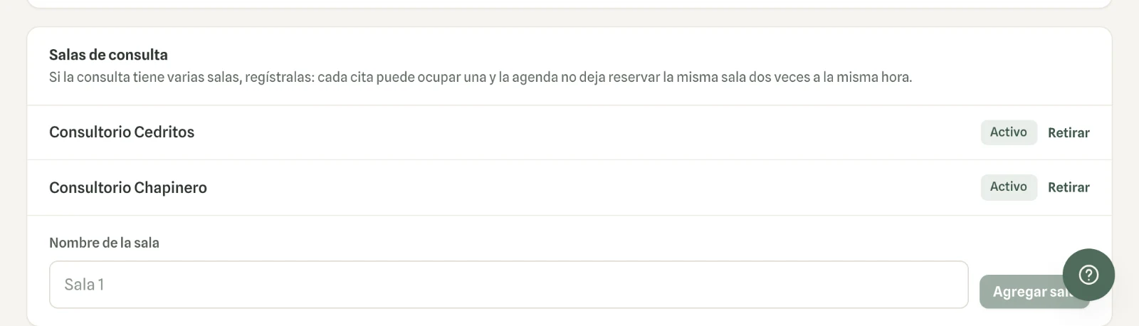 Captura en computador del paso 3: Repite con cada sala. Todas quedan en la lista como «Activo».