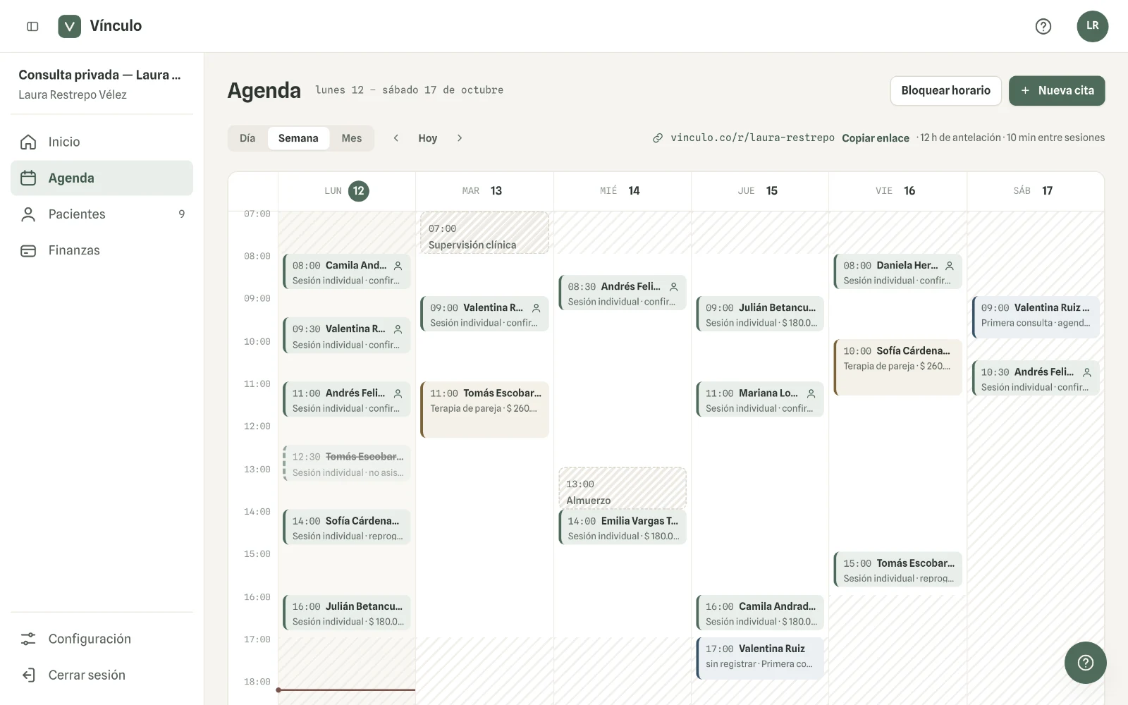 Captura en computador del paso 1: Entra a Agenda y elige «Semana»: lo sombreado es lo que quedó fuera de tu horario.