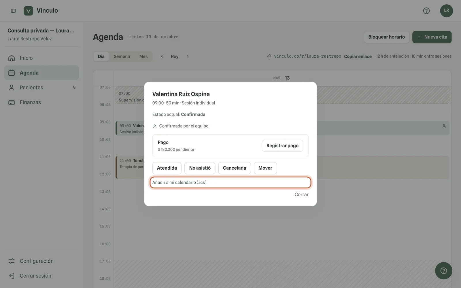 Captura en computador del paso 2: Haz clic en «Añadir a mi calendario (.ics)». El archivo se descarga; ábrelo y tu calendario te ofrece guardar el evento.