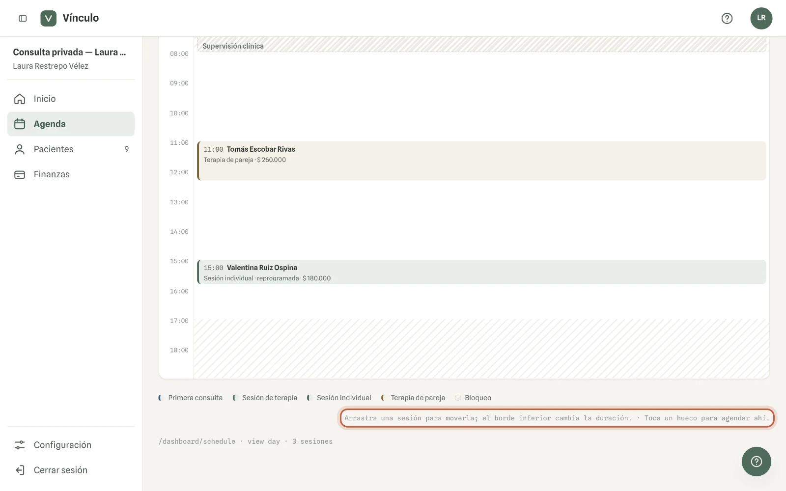 Captura en computador del paso 1: Arrastra la cita y suéltala en su nueva hora. Si esa hora está ocupada, vuelve a su lugar y aparece «Ese horario ya está ocupado».