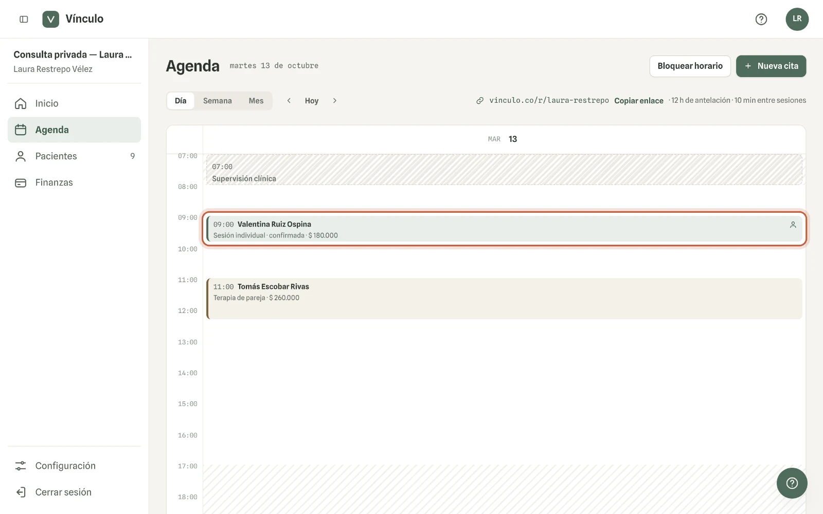 Captura en computador del paso 1: En Agenda, haz clic en la cita.