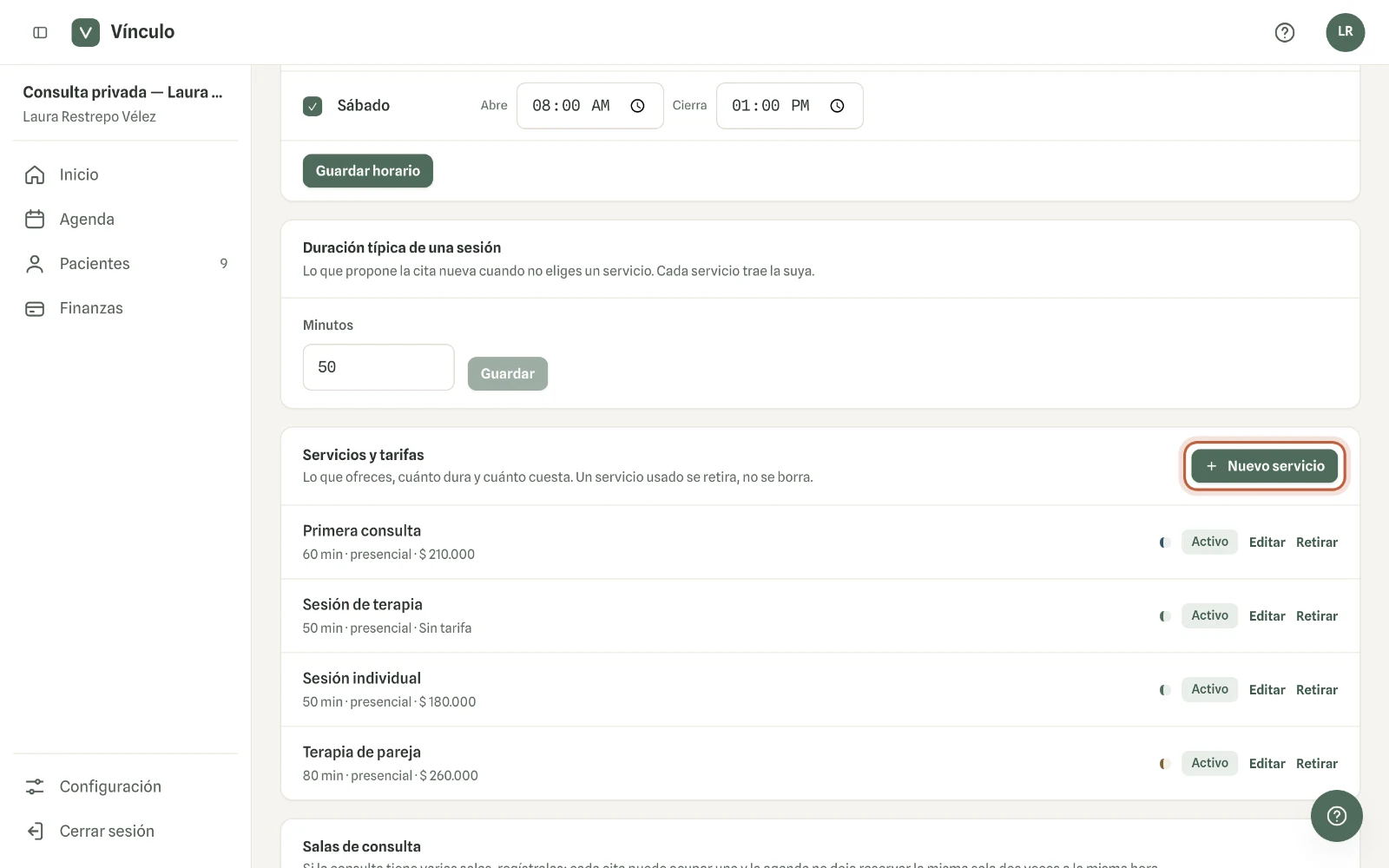 Captura en computador del paso 2: En «Servicios y tarifas», haz clic en «Nuevo servicio».