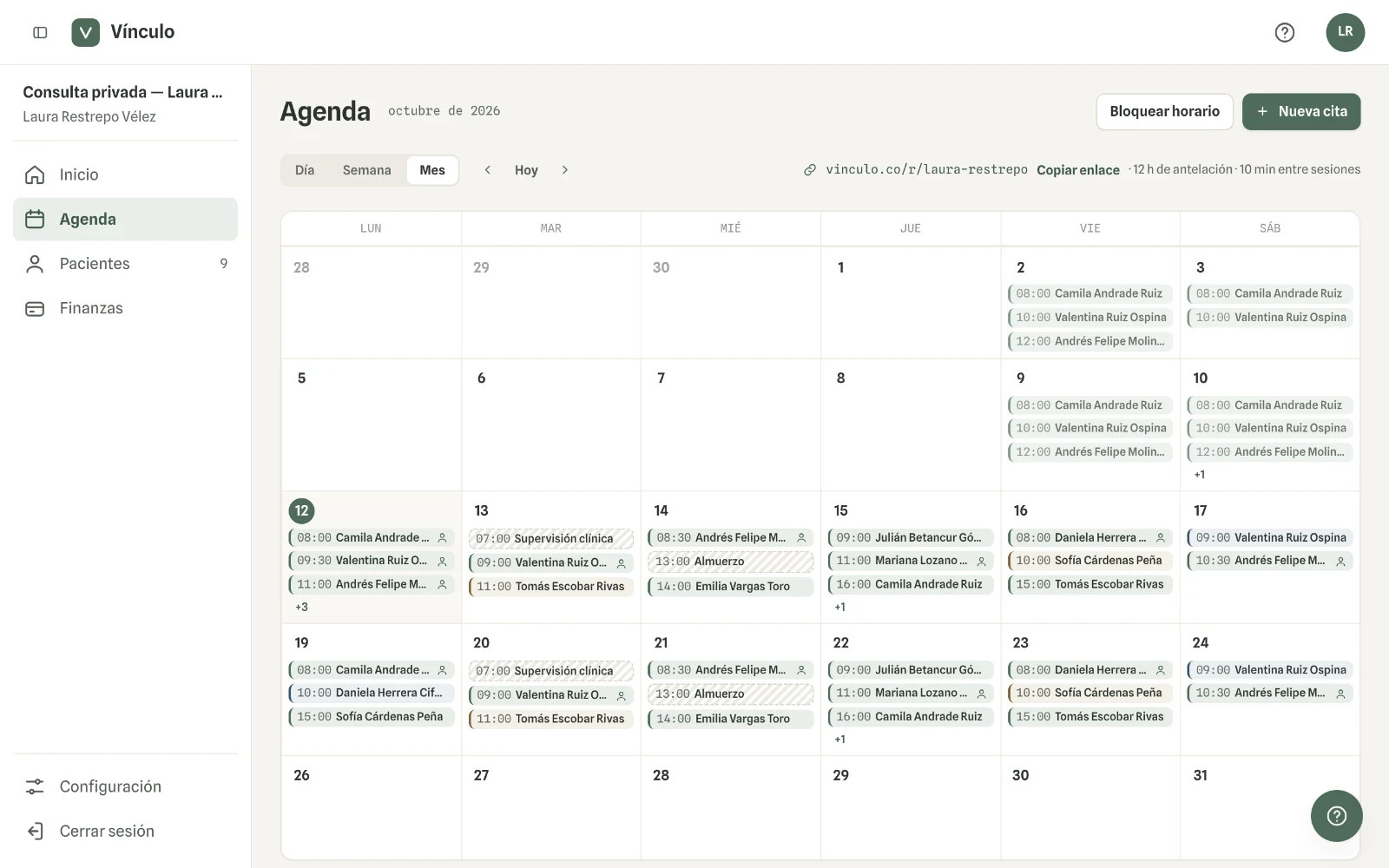 Captura en computador del paso 3: «Mes» muestra las citas de cada día. Haz clic en un día para abrirlo, o en una cita para verla.