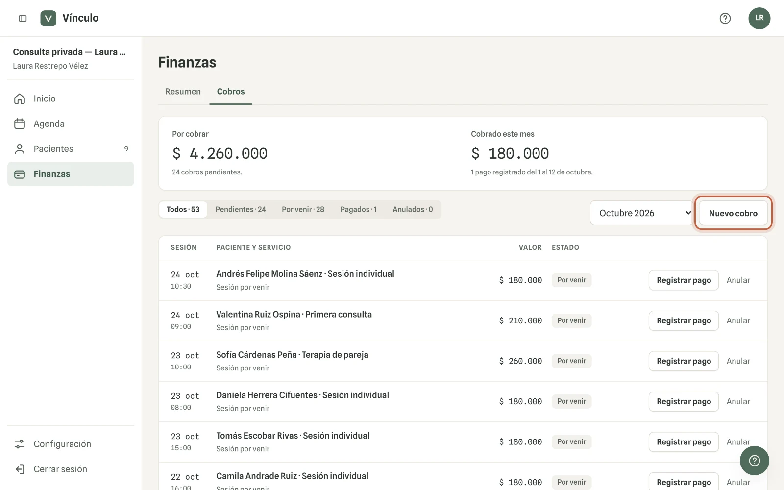 Captura en computador del paso 1: Entra a Finanzas → Cobros y haz clic en «Nuevo cobro».