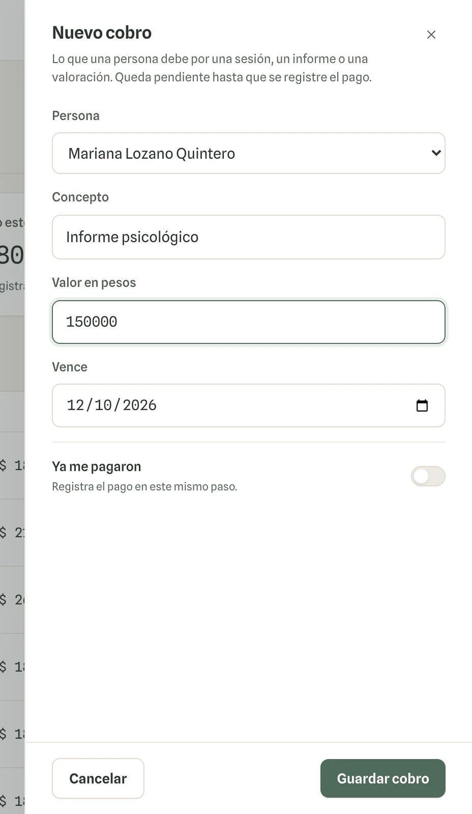 Captura en computador del paso 2: Elige la persona y escribe el concepto, el valor y la fecha de vencimiento. Si ya te pagaron, enciende «Ya me pagaron» para registrar el pago en el mismo paso.