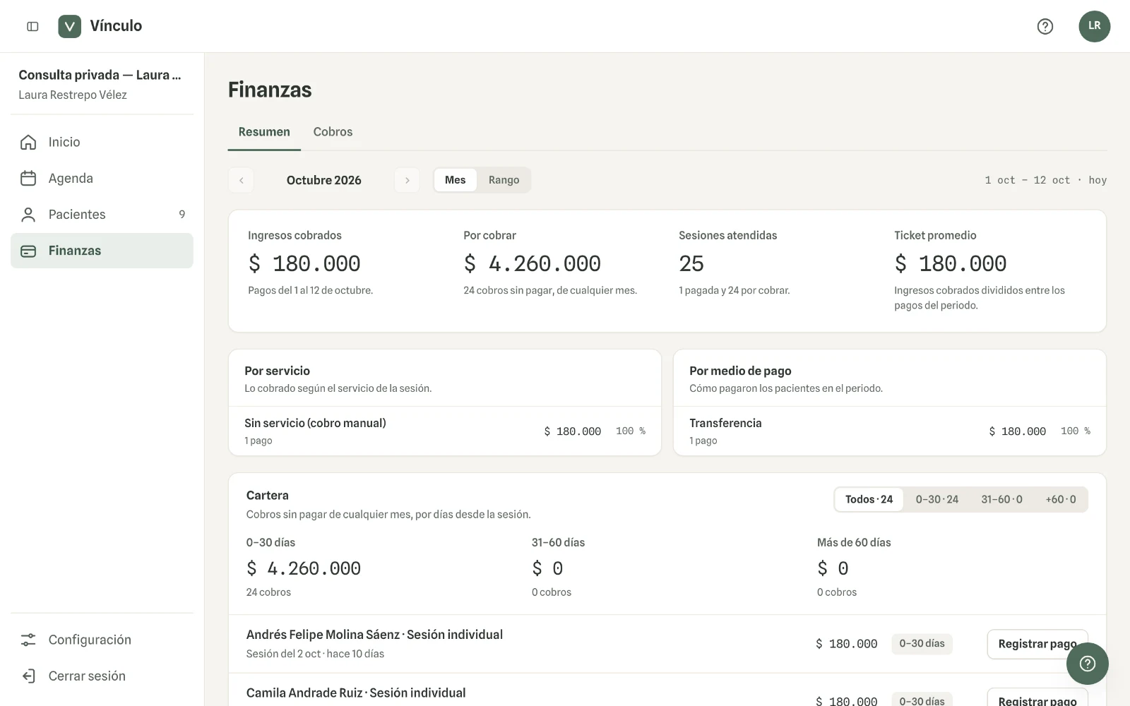 Captura en computador del paso 1: Entra a Finanzas. Arriba eliges el mes, o «Rango» para dos fechas cualesquiera.