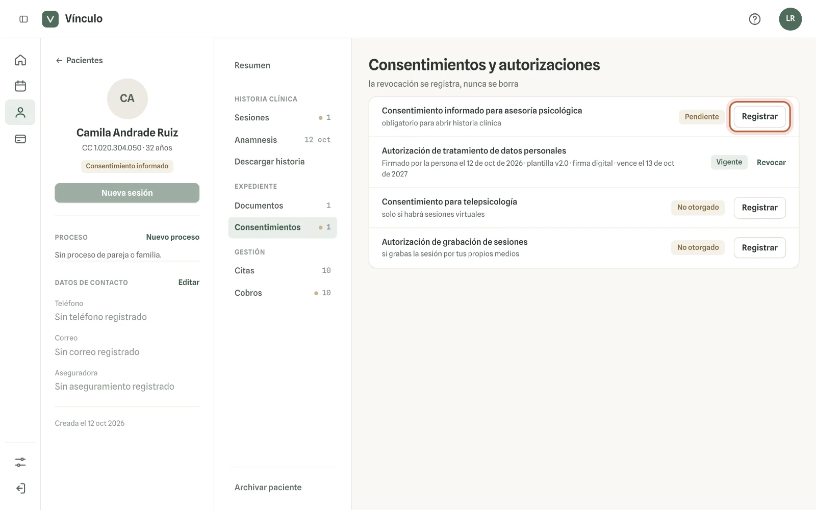 Captura en computador del paso 2: Registra cada documento pendiente. Cuando todos estén «Vigente», vuelve a abrir la sesión.