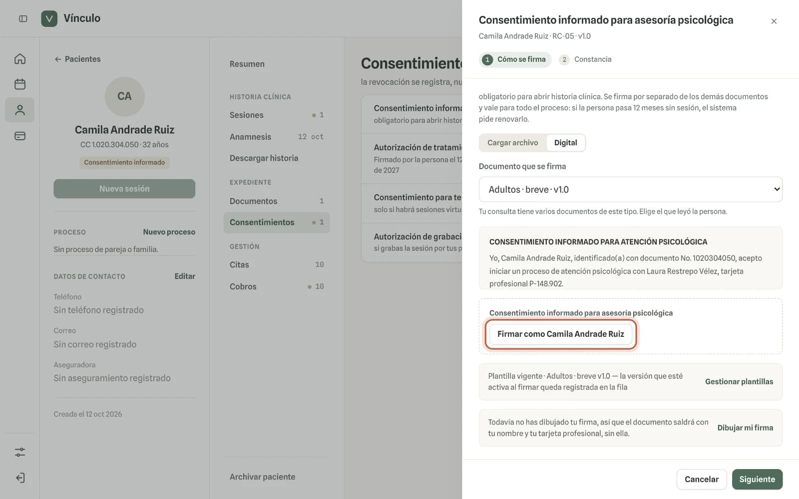 Captura en computador del paso 2: En «Método de firma» elige «Digital». Si tu consulta tiene varios formatos, elige el que la persona va a leer. Luego haz clic en «Firmar como…».