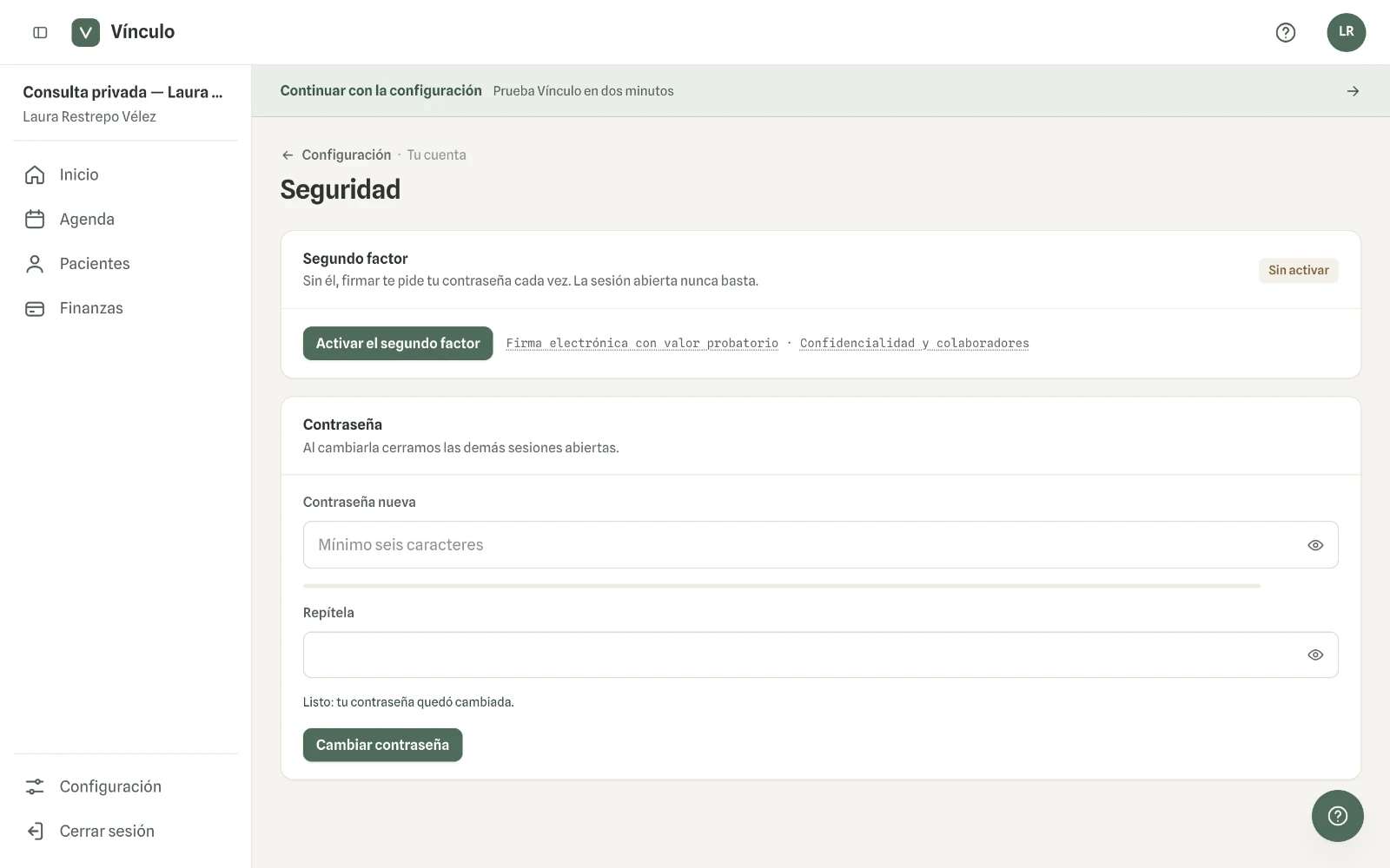 Captura en computador del paso 2: Vínculo confirma el cambio y cierra tus demás sesiones abiertas.