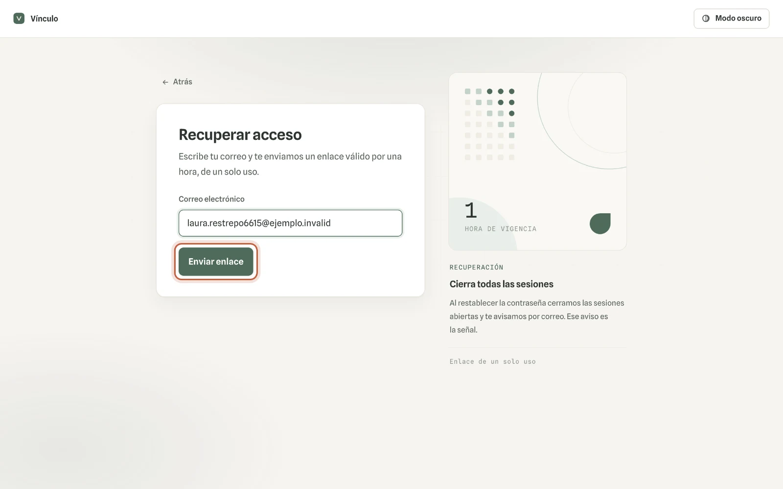 Captura en computador del paso 2: Escribe tu correo y haz clic en «Enviar enlace». El enlace vale una hora y sirve una sola vez.