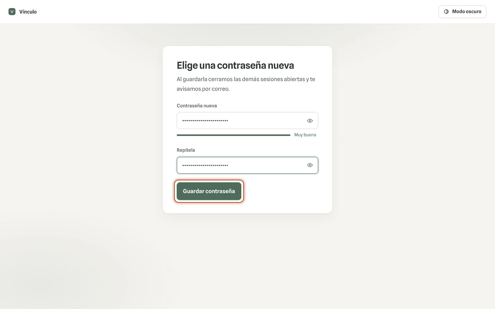 Captura en computador del paso 3: Abre el correo «Restablece tu contraseña», haz clic en el enlace y elige tu contraseña nueva. Haz clic en «Guardar contraseña».