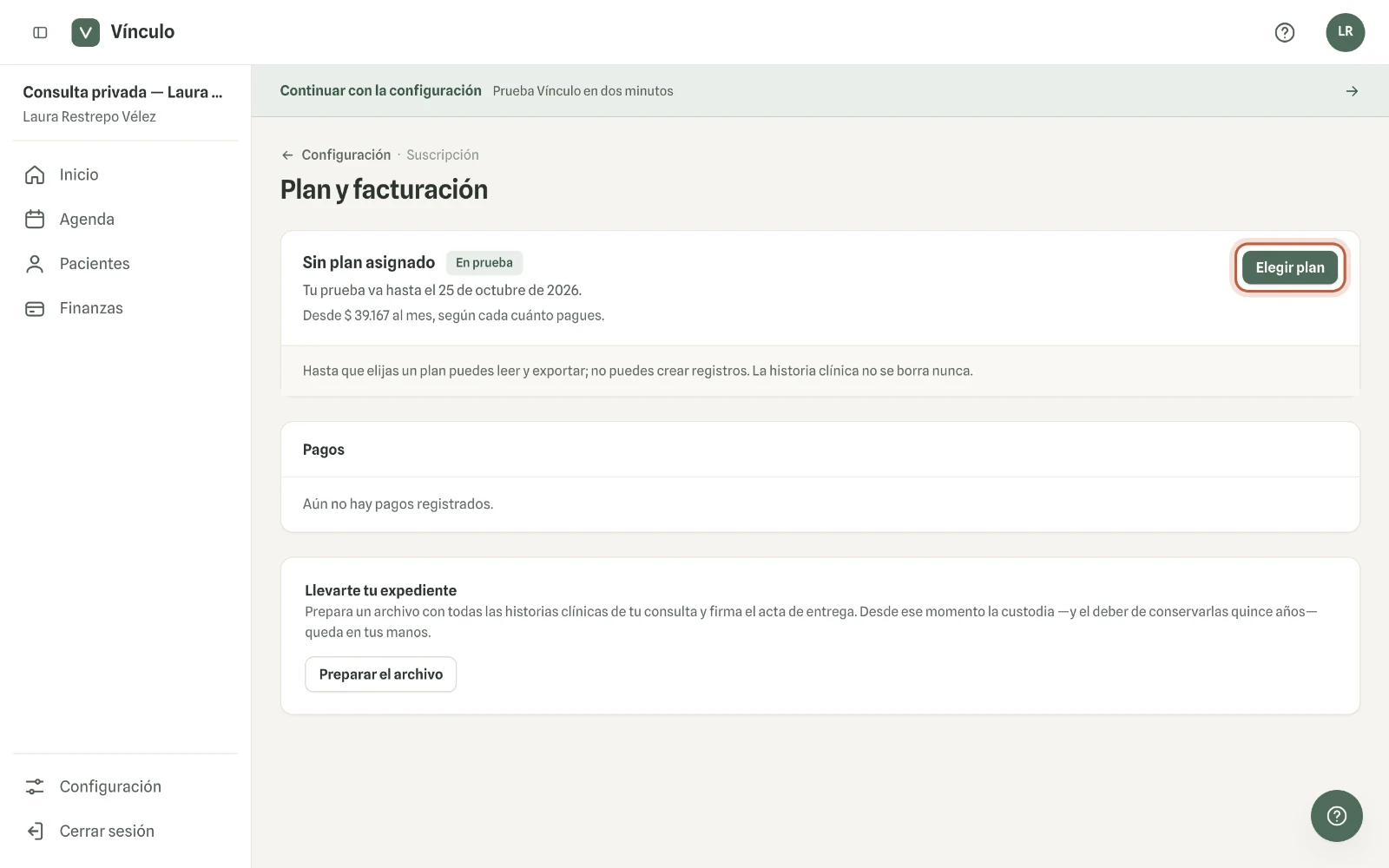 Captura en computador del paso 1: Entra a Configuración → Plan y facturación y haz clic en «Elegir plan». Si ya tienes uno, el botón dice «Cambiar plan».