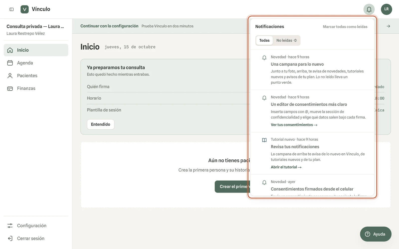 Captura en computador del paso 1: Haz clic en la campana, arriba a la derecha. Las que no has leído tienen un punto verde y el título en negrita.