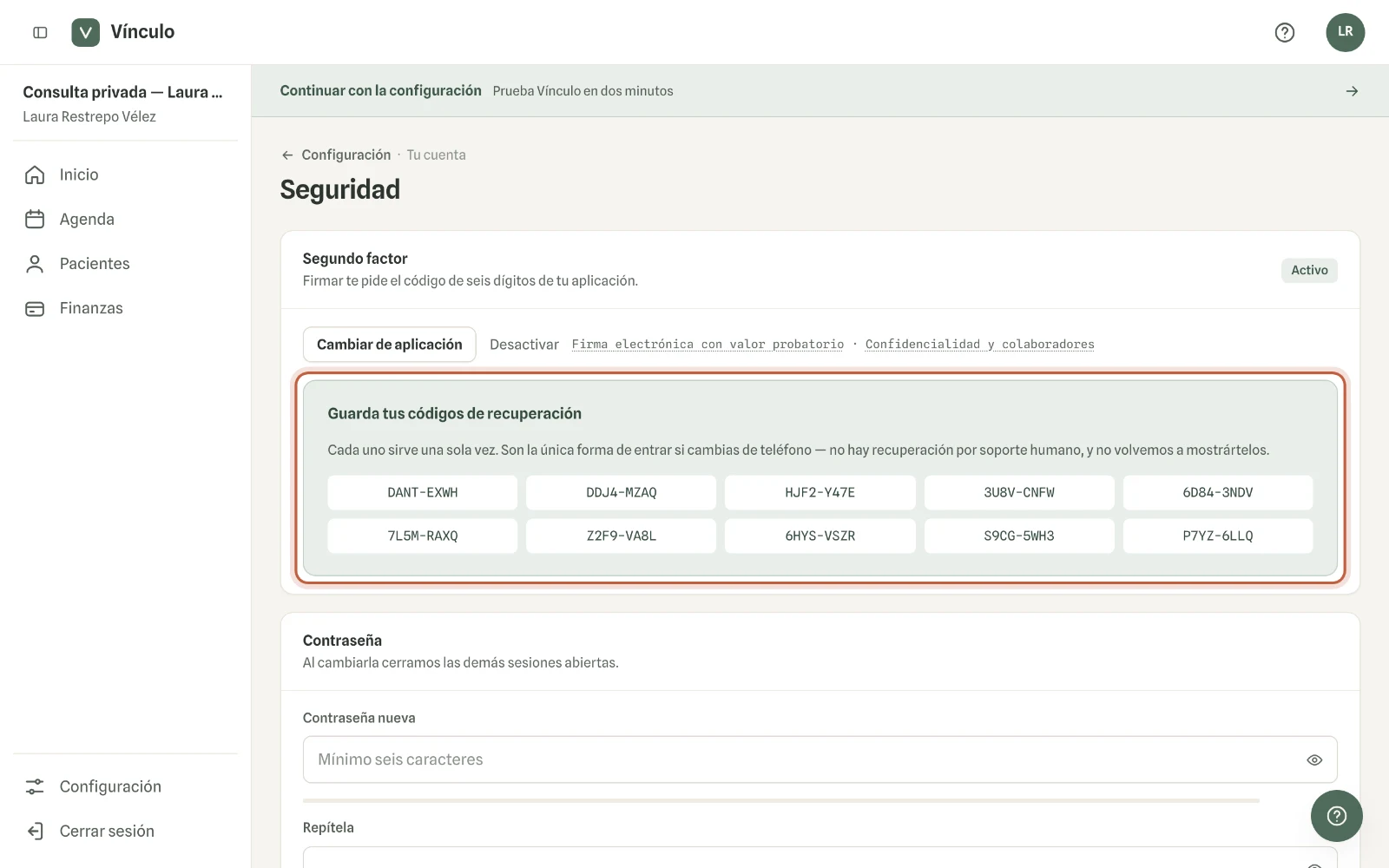 Captura en computador del paso 3: Vínculo te muestra diez códigos de recuperación, una sola vez. Guárdalos fuera del computador antes de salir de la pantalla.