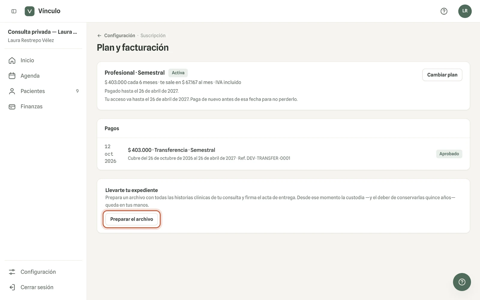 Captura en computador del paso 1: Entra a Configuración → Plan y facturación. En «Llevarte tu expediente» haz clic en «Preparar el archivo».