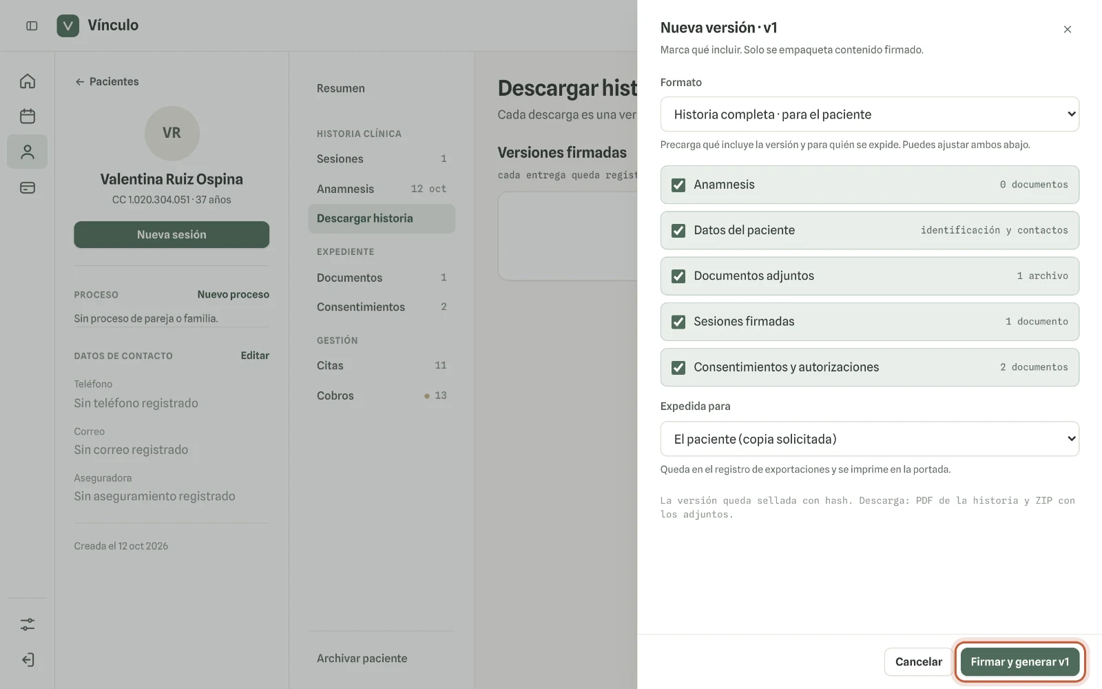 Captura en computador del paso 2: Elige el formato, marca qué incluir y para quién se expide. Haz clic en «Firmar y generar».