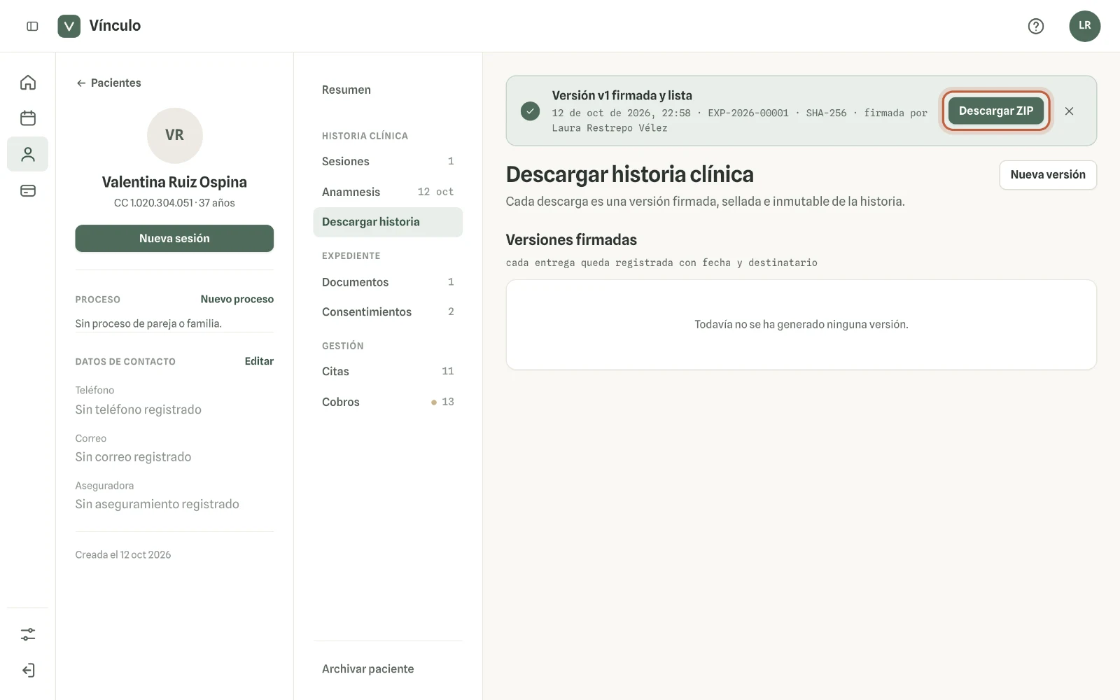 Captura en computador del paso 4: Cuando la versión queda lista, haz clic en «Descargar ZIP»: trae el PDF de la historia y los adjuntos originales.