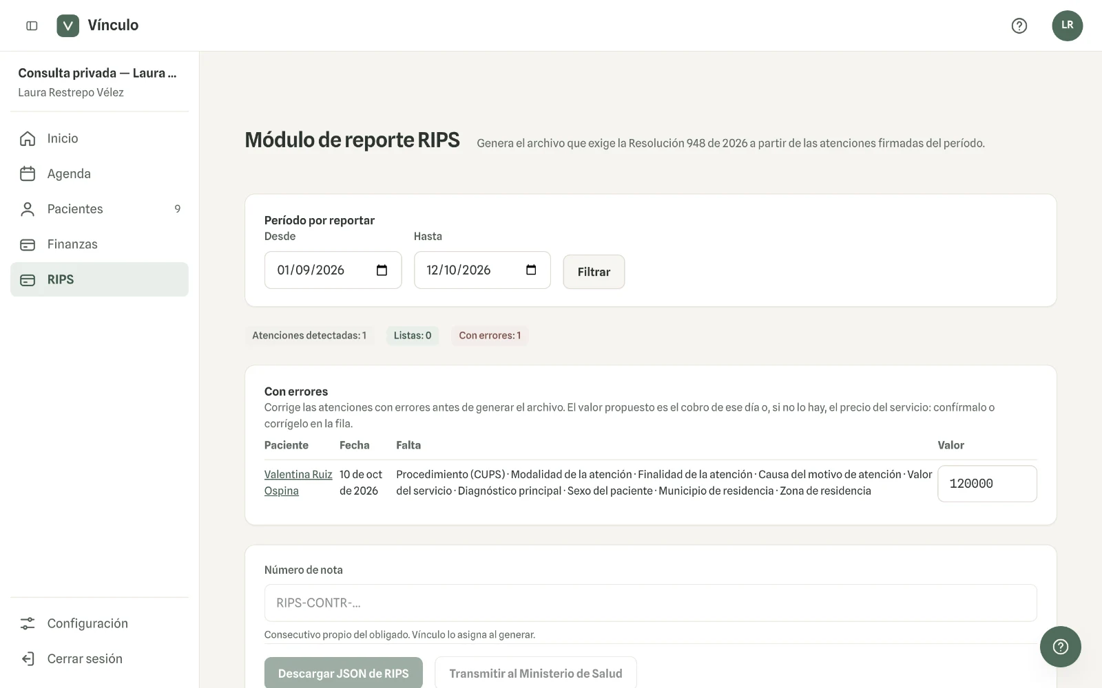 Captura en computador del paso 1: Entra a RIPS, elige el periodo en «Desde» y «Hasta» y haz clic en «Filtrar». Si no cambias nada, es el mes anterior.