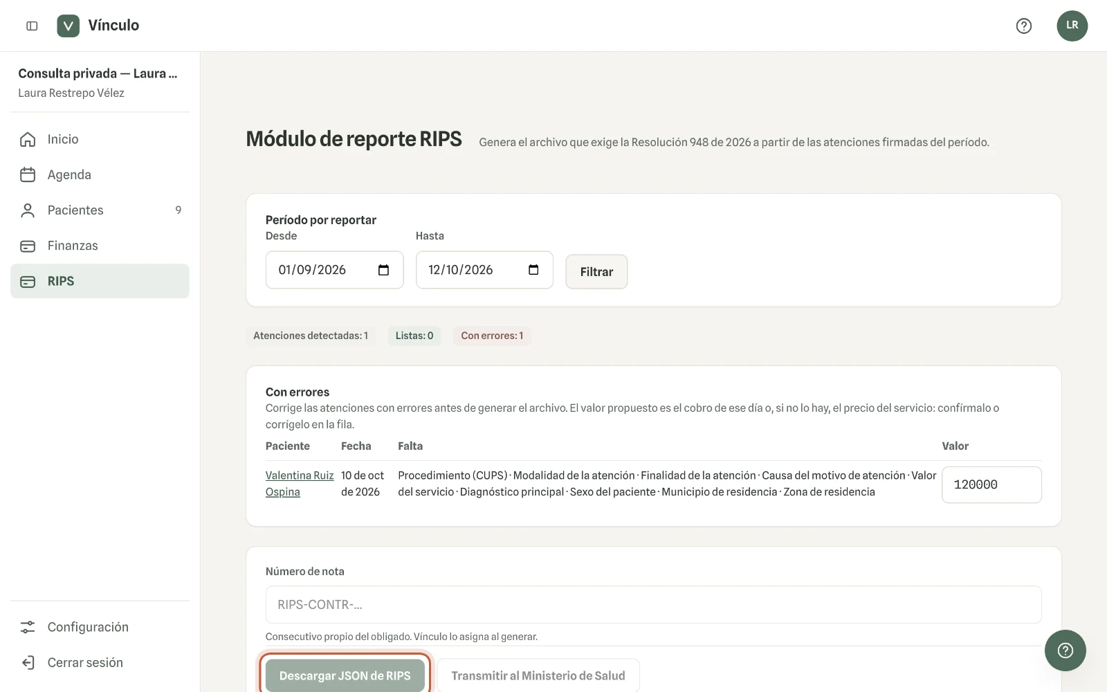 Captura en computador del paso 2: Corrige lo que aparezca en «Con errores»: cada fila dice qué le falta a esa atención. Cuando todas están listas, haz clic en «Descargar JSON de RIPS».