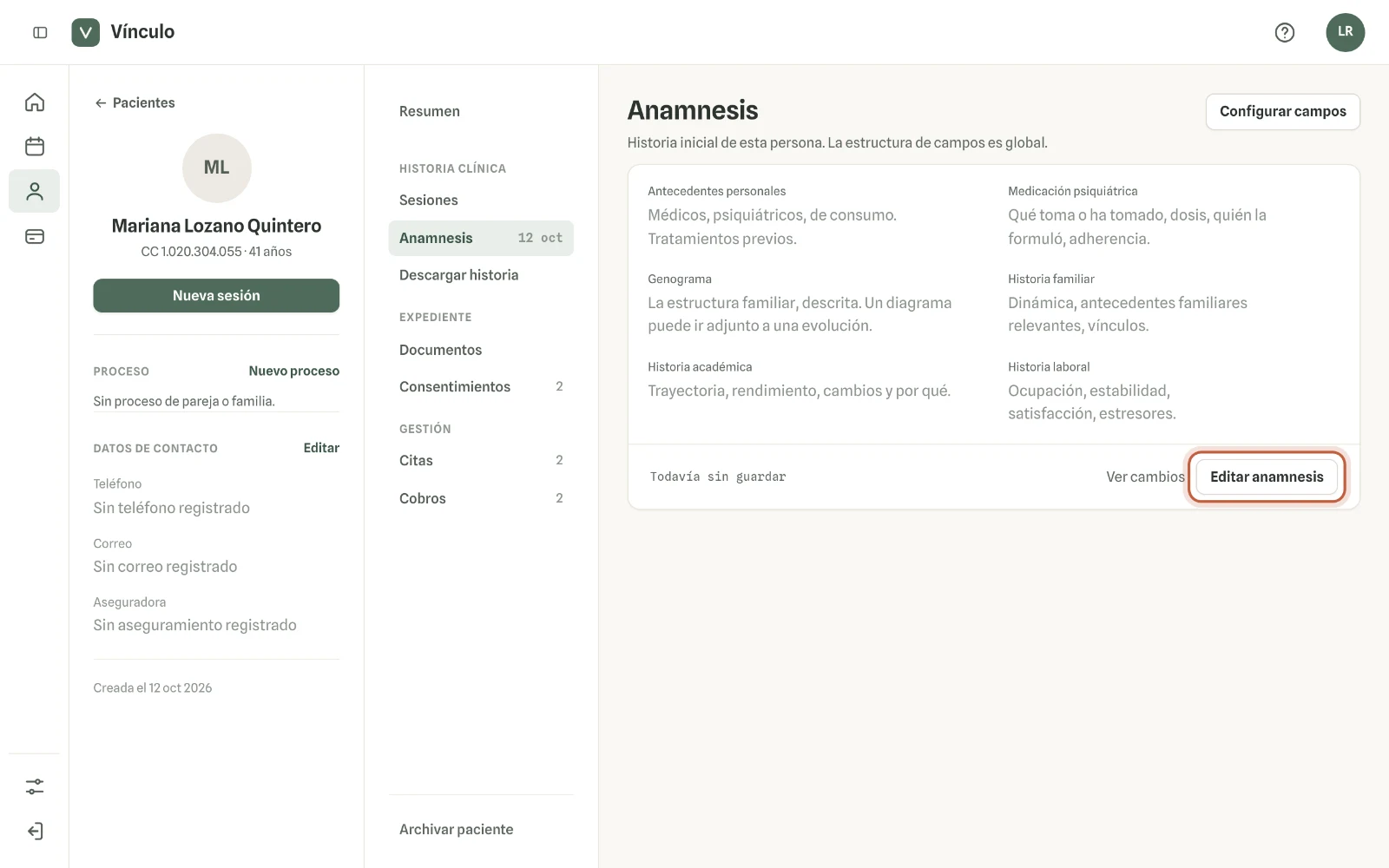Captura en computador del paso 1: Abre la ficha de la persona y, bajo «Historia clínica», haz clic en «Anamnesis». Luego haz clic en «Editar anamnesis».