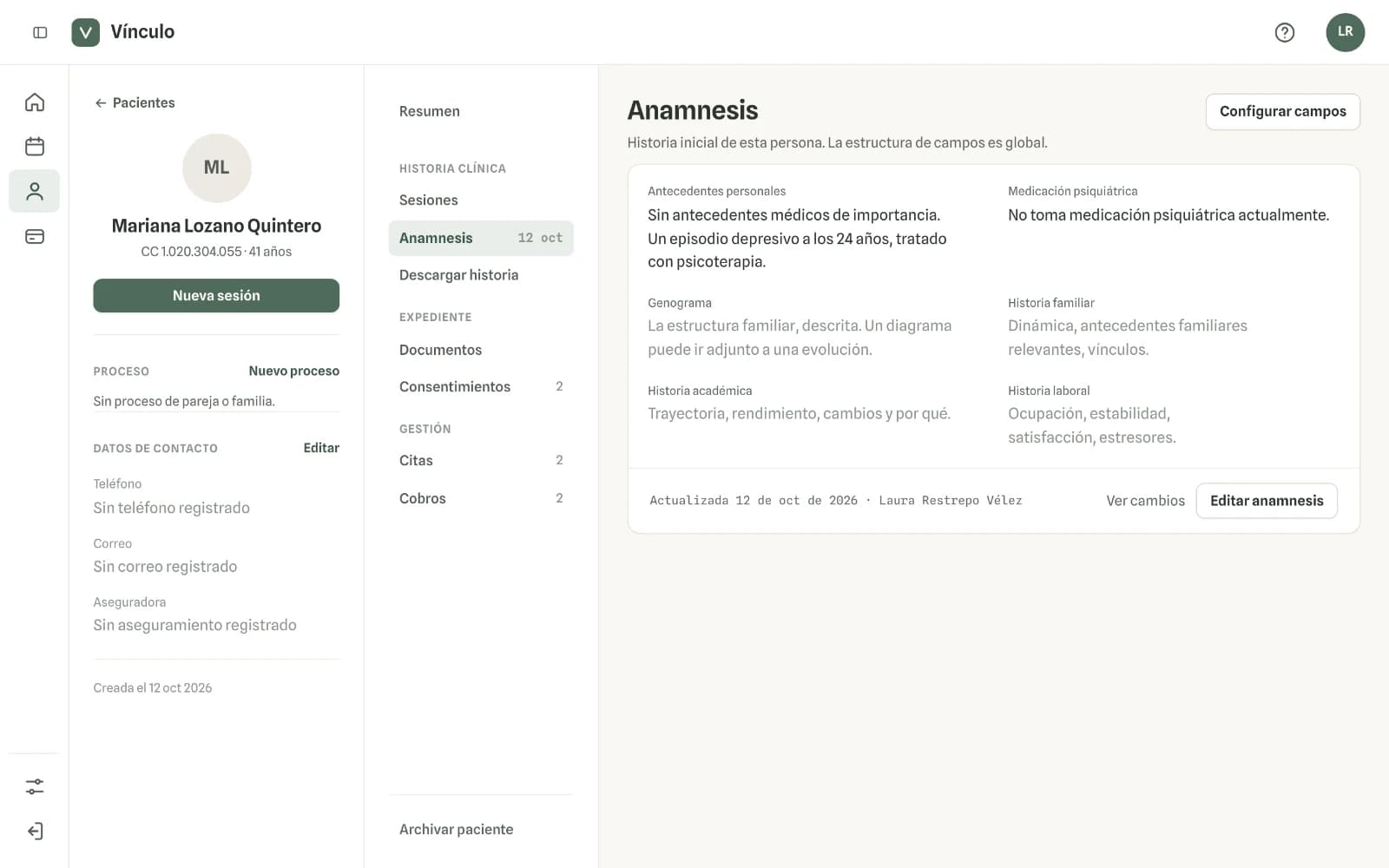 Captura en computador del paso 3: La anamnesis queda en la ficha, con la fecha y quién la actualizó. «Ver cambios» muestra cada versión guardada.