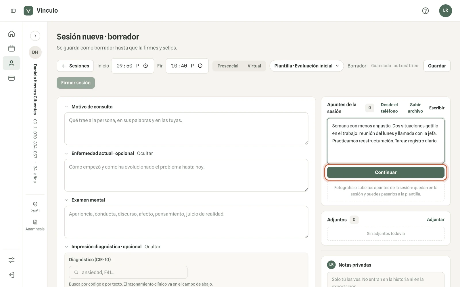 Captura en computador del paso 1: En la sesión, en «Apuntes de la sesión», haz clic en «Escribir» y escribe o pega tus apuntes. También puedes subir un archivo o fotografiarlos desde el teléfono.