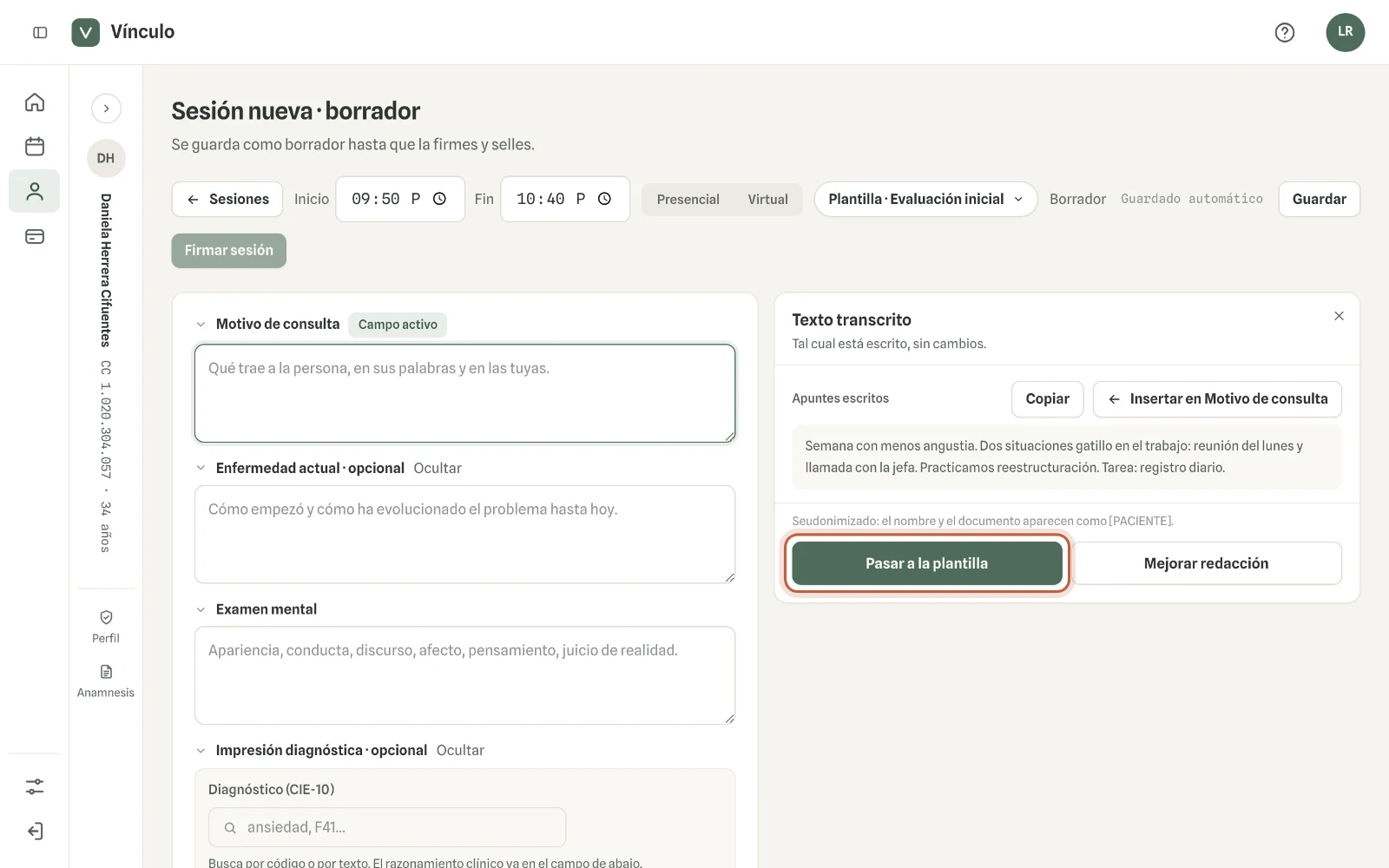 Captura en computador del paso 2: Haz clic en «Continuar» (o en «Transcribir», si subiste archivos). El texto aparece al lado de la nota, tal como lo escribiste.