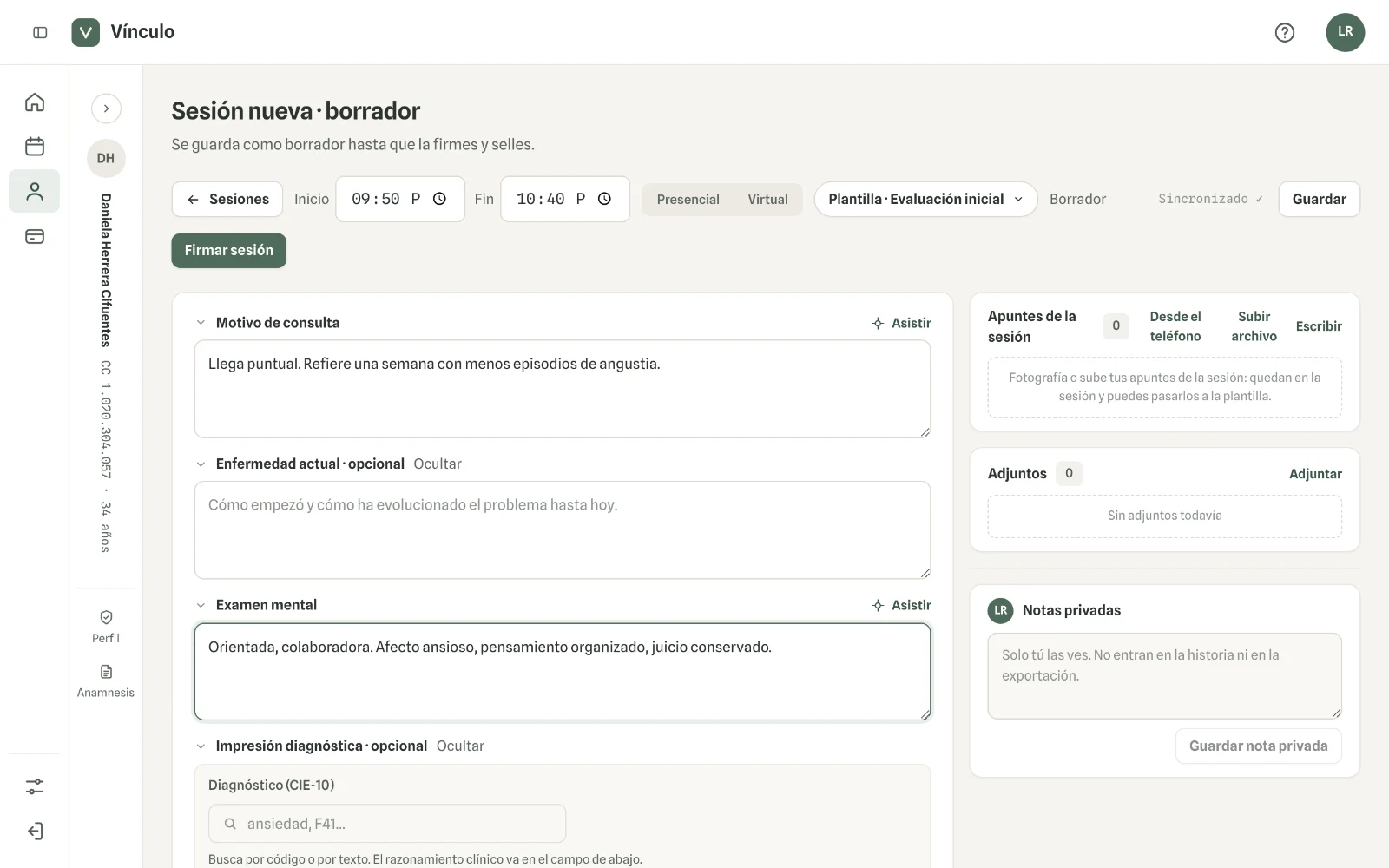 Captura en computador del paso 2: Revisa la hora de inicio y de fin, y escribe en cada sección de la plantilla. Arriba verás «Sincronizado» cuando lo escrito ya está guardado.