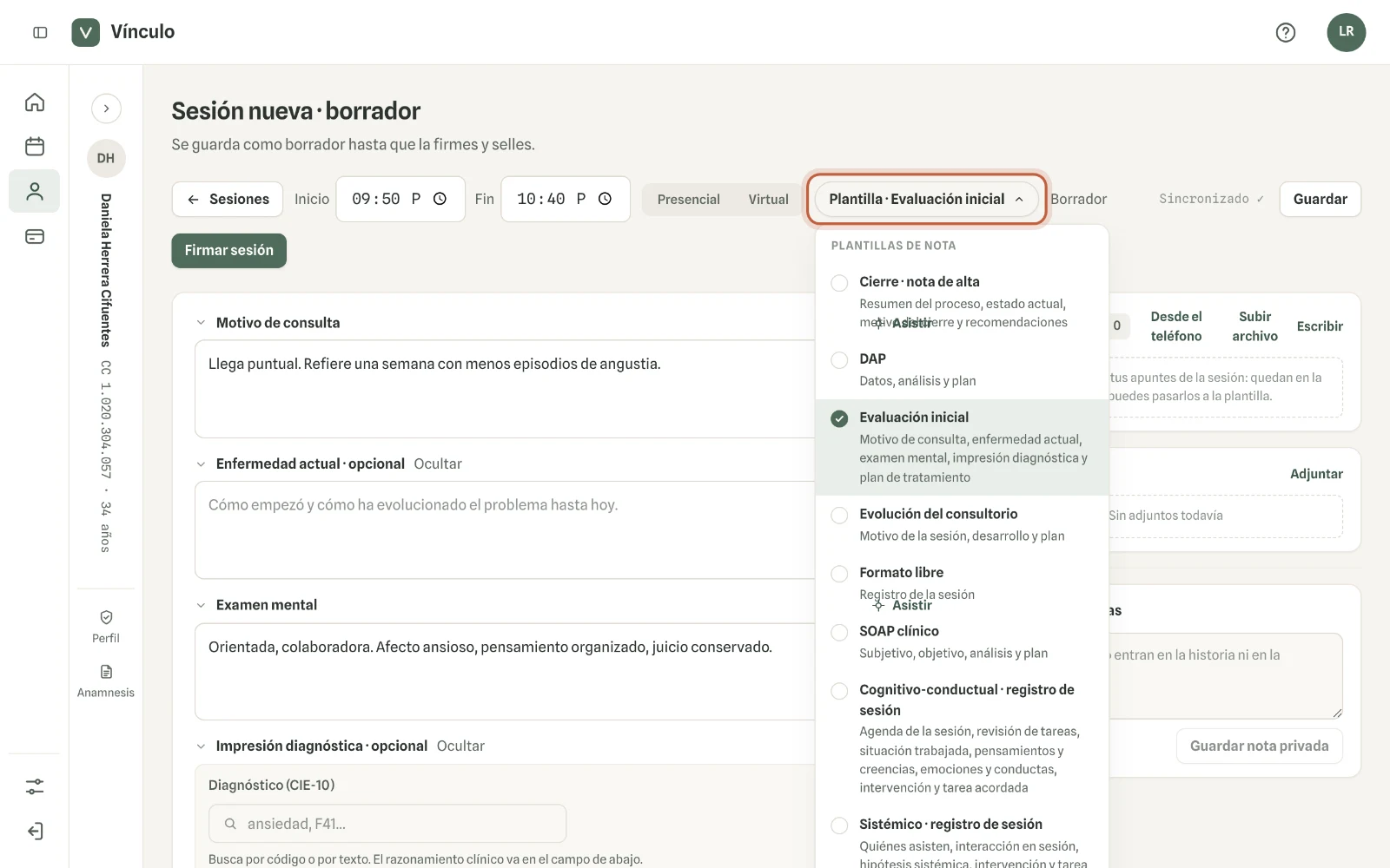 Captura en computador del paso 3: Para usar otra plantilla en esta sesión, haz clic en «Plantilla · …» y elige una.