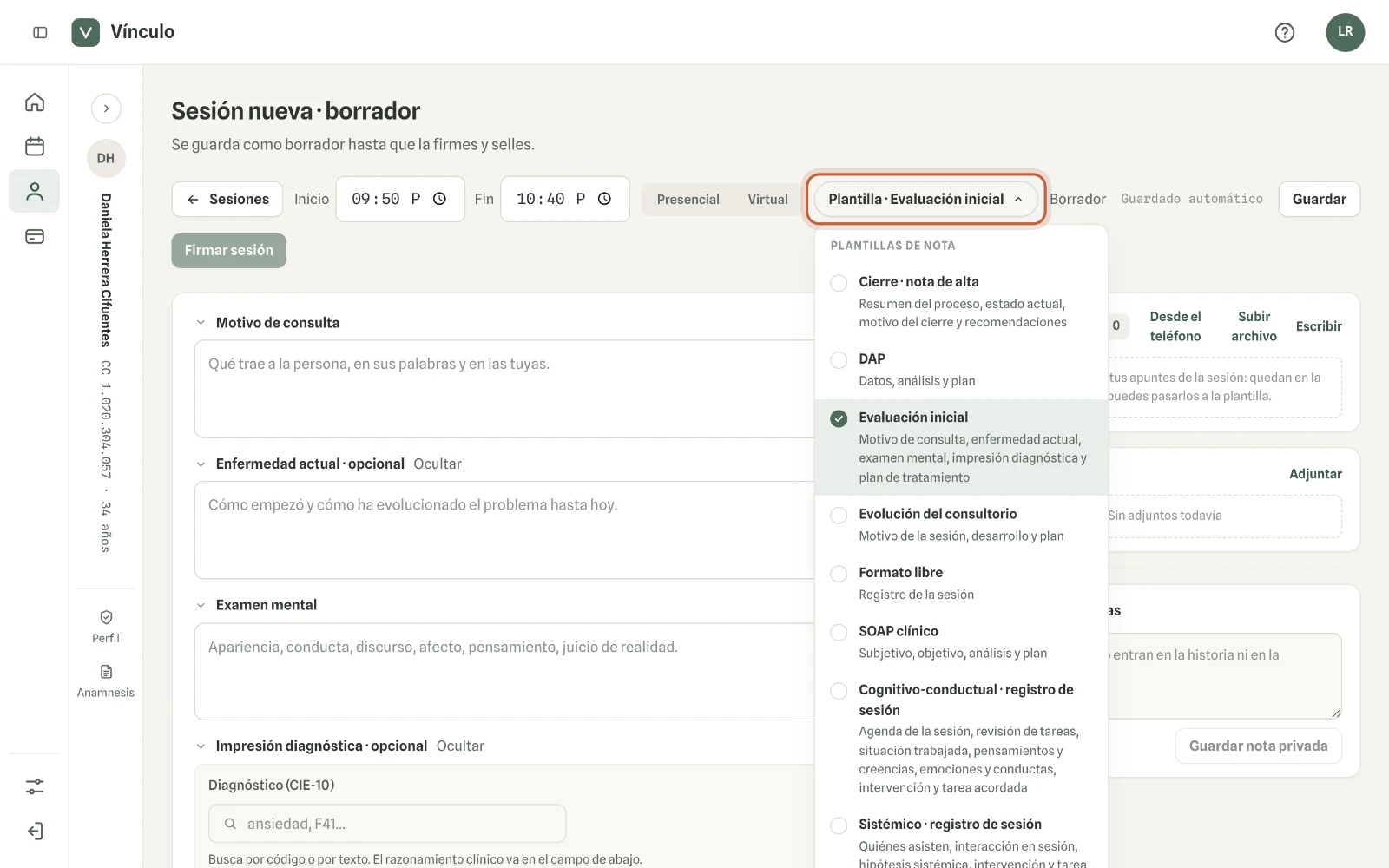 Captura en computador del paso 1: En la sesión, haz clic en «Plantilla · …» y elige una plantilla con diagnóstico, por ejemplo «Evaluación inicial».