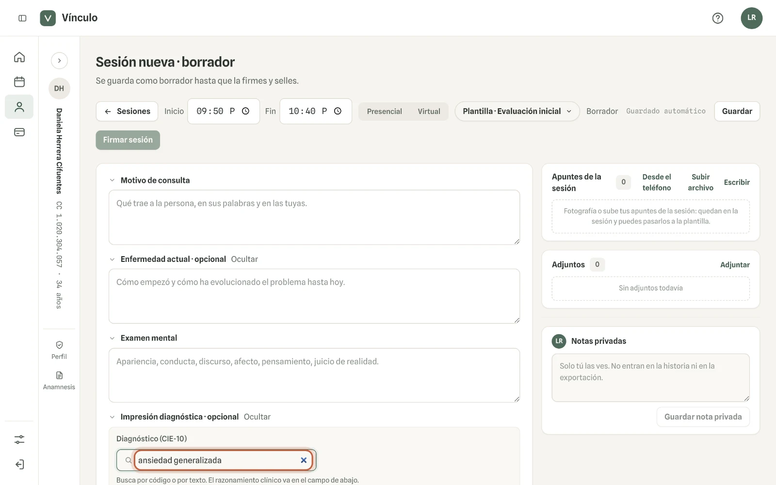 Captura en computador del paso 2: En «Diagnóstico (CIE-10)», escribe una palabra o un código. La búsqueda empieza en los capítulos F y Z; «Todo el catálogo» la amplía.