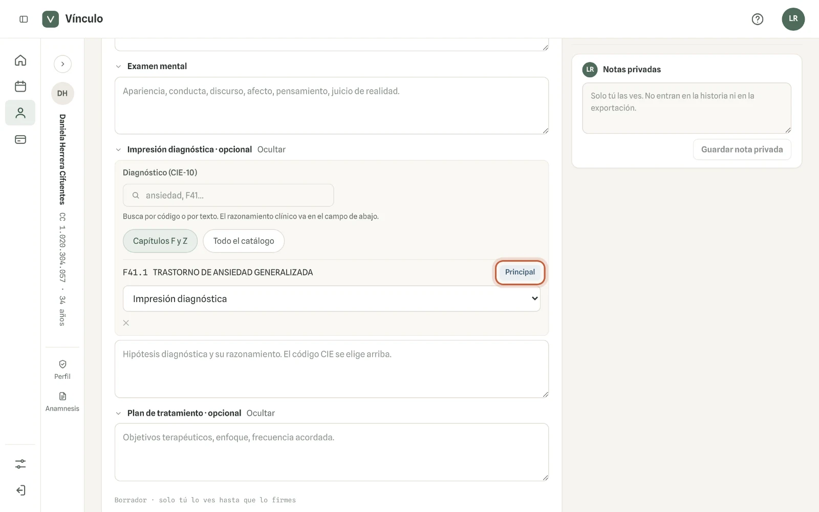 Captura en computador del paso 3: Haz clic en el código. El primero que eliges queda como «Principal»; si agregas otros, «Marcar principal» cambia cuál lo es.