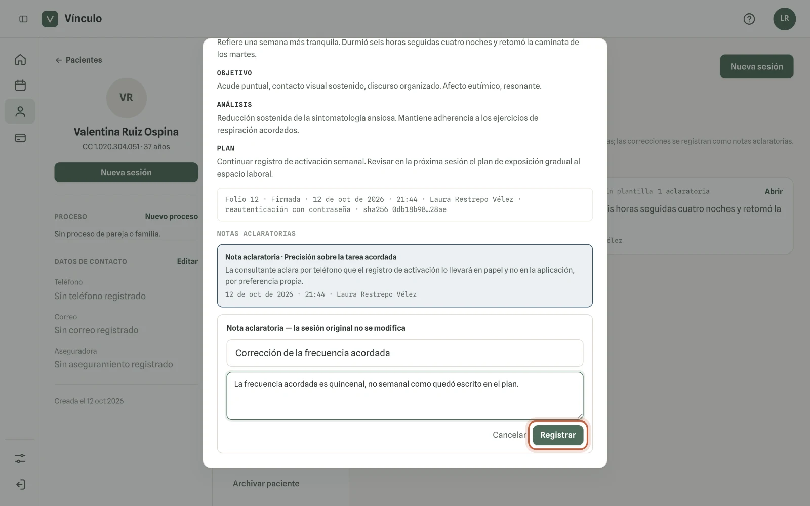 Captura en computador del paso 2: Haz clic en «Añadir nota aclaratoria». Escribe el motivo y qué se aclara o corrige, y haz clic en «Registrar».