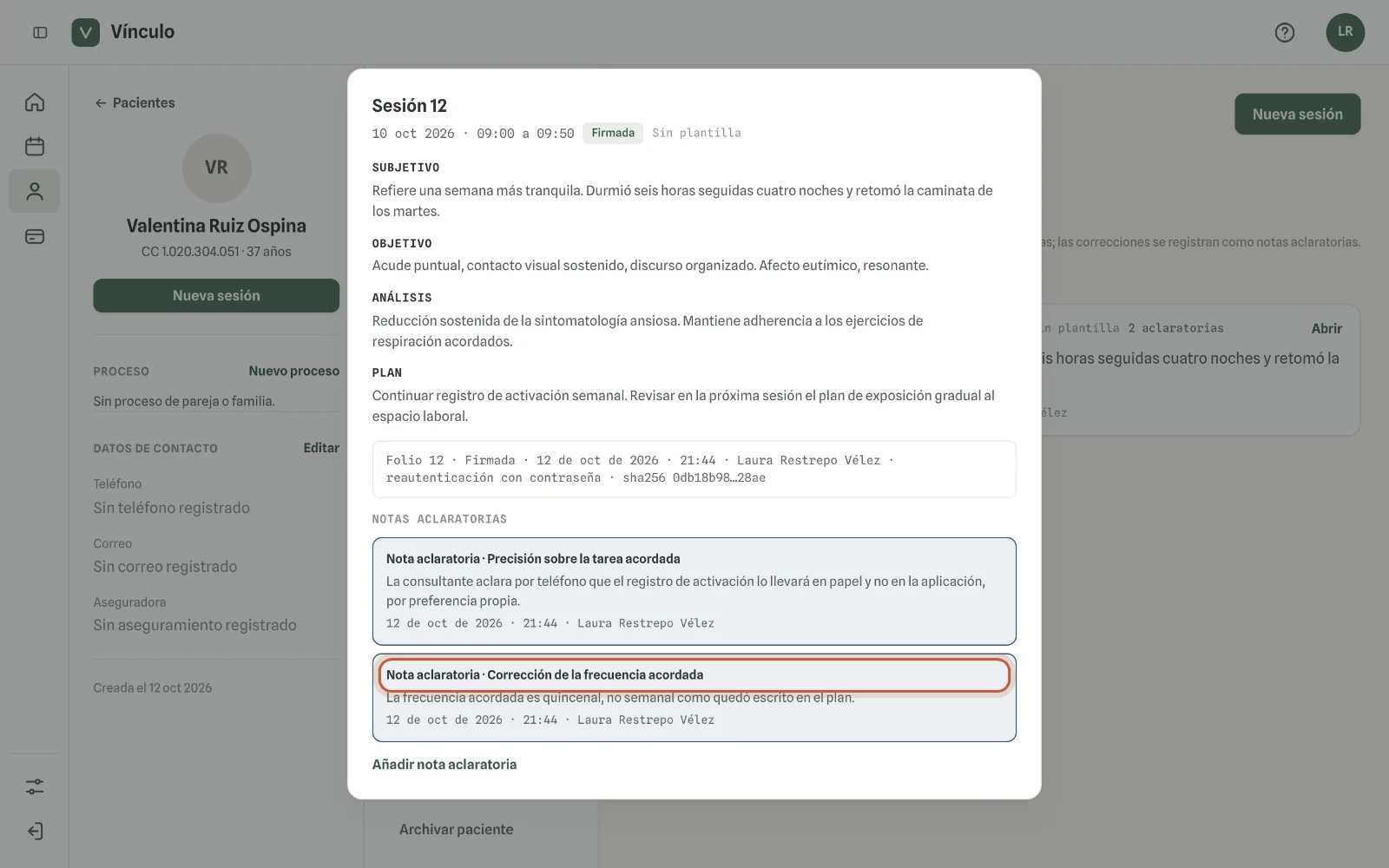 Captura en computador del paso 3: La nota aclaratoria aparece con la sesión. El original sigue igual.