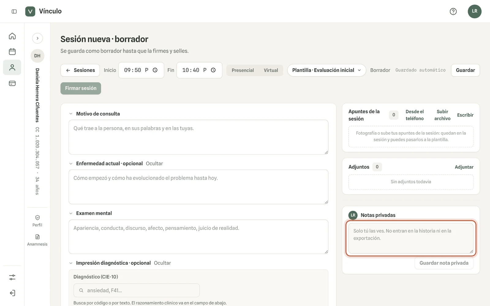 Captura en computador del paso 1: Abre una sesión de la persona. En la columna derecha, al final, está «Notas privadas».