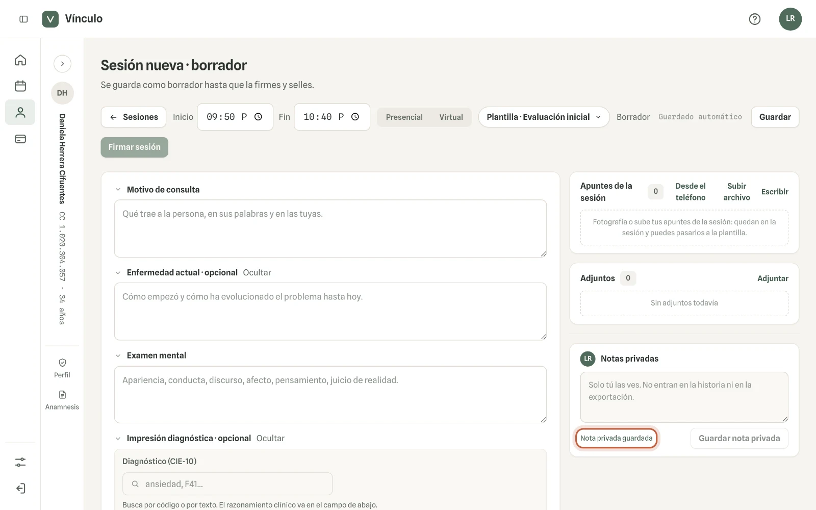 Captura en computador del paso 2: Escribe la nota y haz clic en «Guardar nota privada». Vínculo confirma «Nota privada guardada».