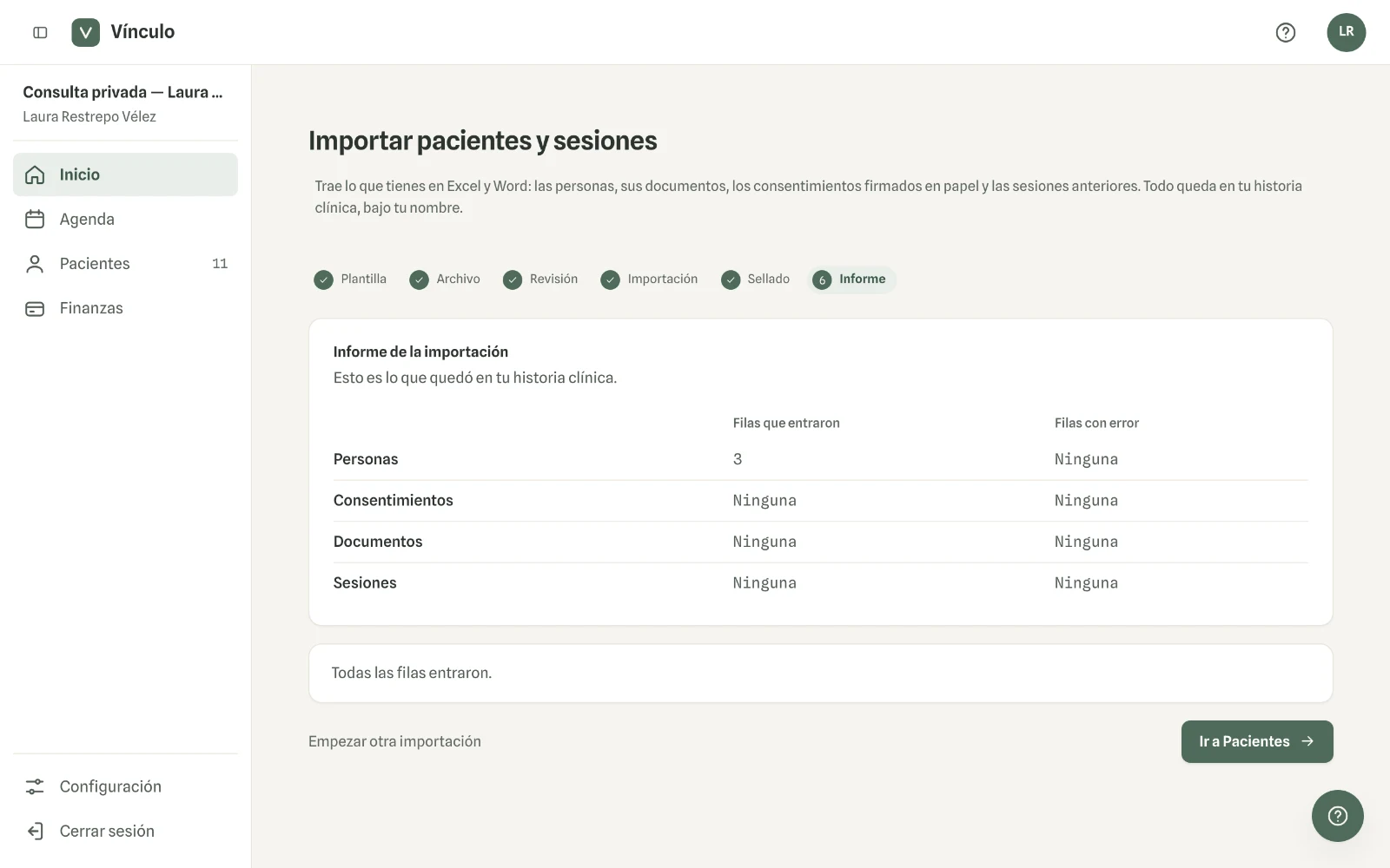 Captura en computador del paso 5: Al terminar, el informe dice qué filas entraron y cuáles no. Haz clic en «Ir a Pacientes».