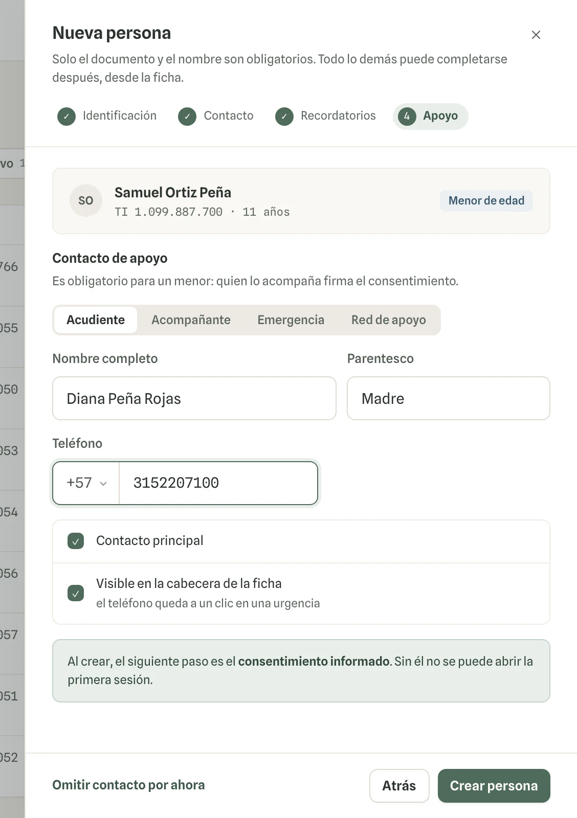 Captura en computador del paso 2: Avanza con «Siguiente» hasta «Apoyo». En «Tipo de contacto» elige «Acudiente» y escribe su nombre, su parentesco y su teléfono.